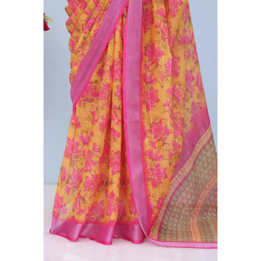 Generic Women's Linen Digital Print Saree With Unstitched Blouse 5.5Mtr (Yellow)