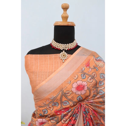 Generic Women's Linen Digital Print Saree With Unstitched Blouse 5.5Mtr (Orange)