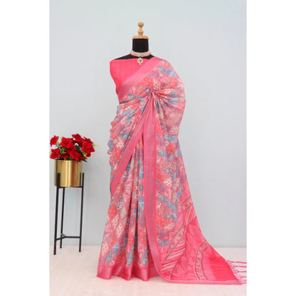Generic Women's Linen Digital Print Saree With Unstitched Blouse 5.5Mtr (Pink)