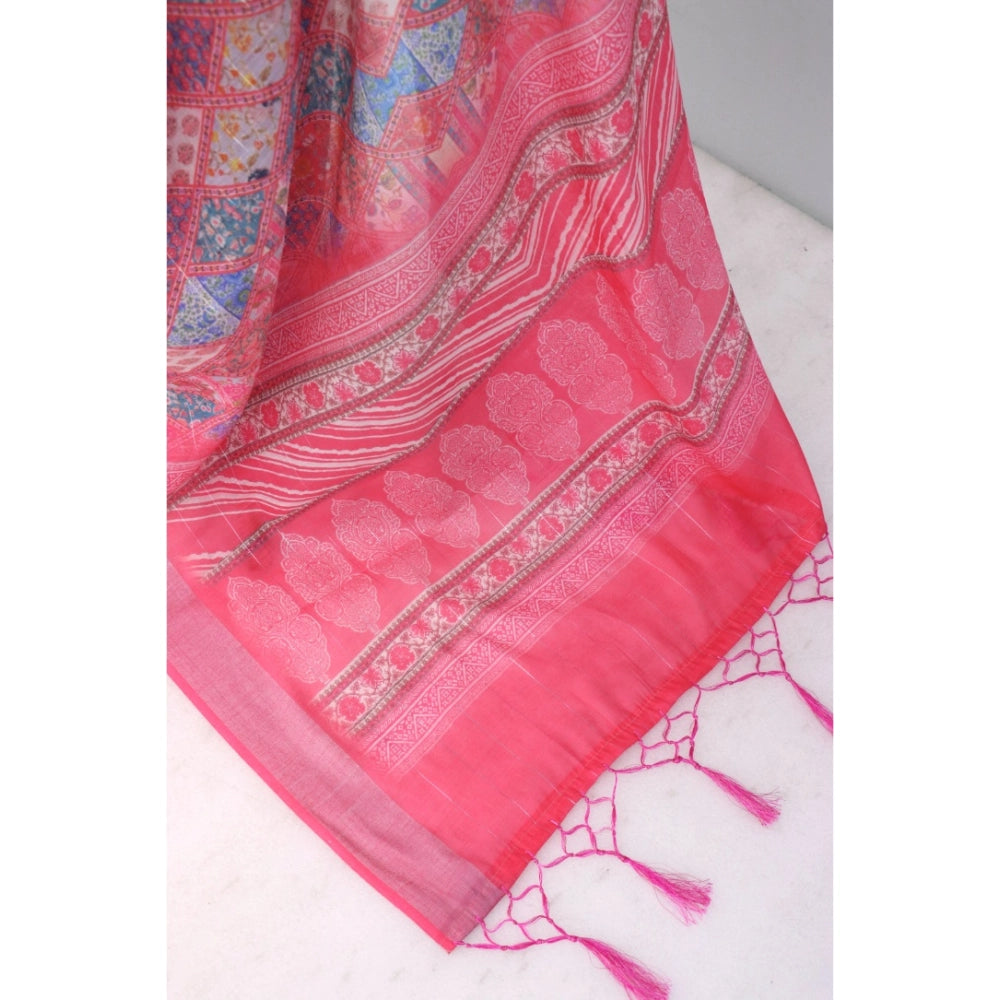 Generic Women's Linen Digital Print Saree With Unstitched Blouse 5.5Mtr (Pink)