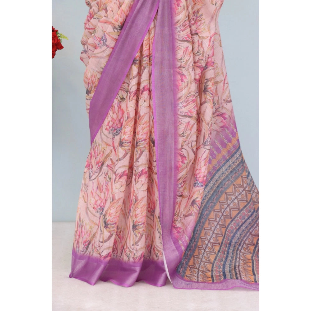 Generic Women's Linen Digital Print Saree With Unstitched Blouse 5.5Mtr (Purple)