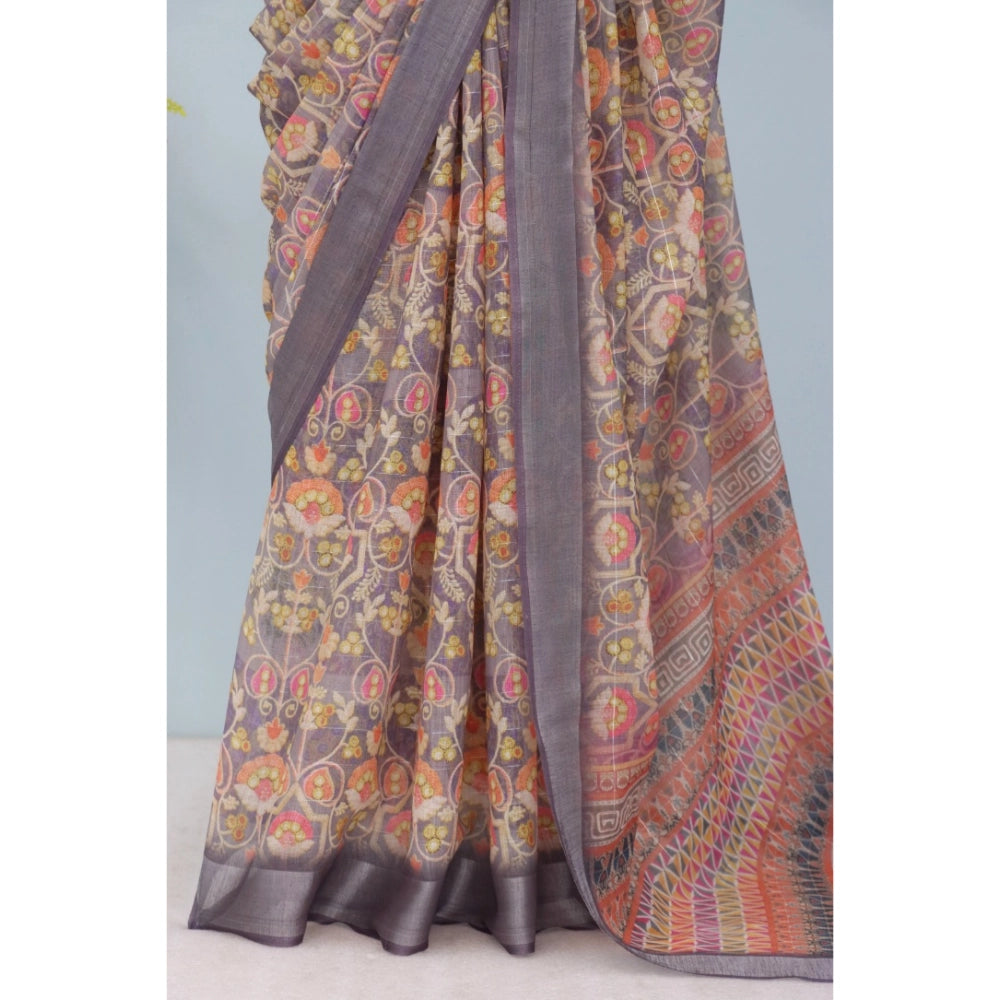 Generic Women's Linen Digital Print Saree With Unstitched Blouse 5.5Mtr (Grey)