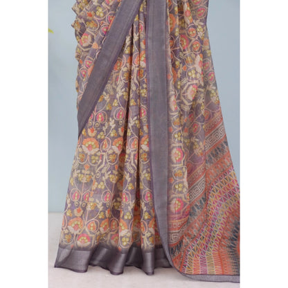 Generic Women's Linen Digital Print Saree With Unstitched Blouse 5.5Mtr (Grey)