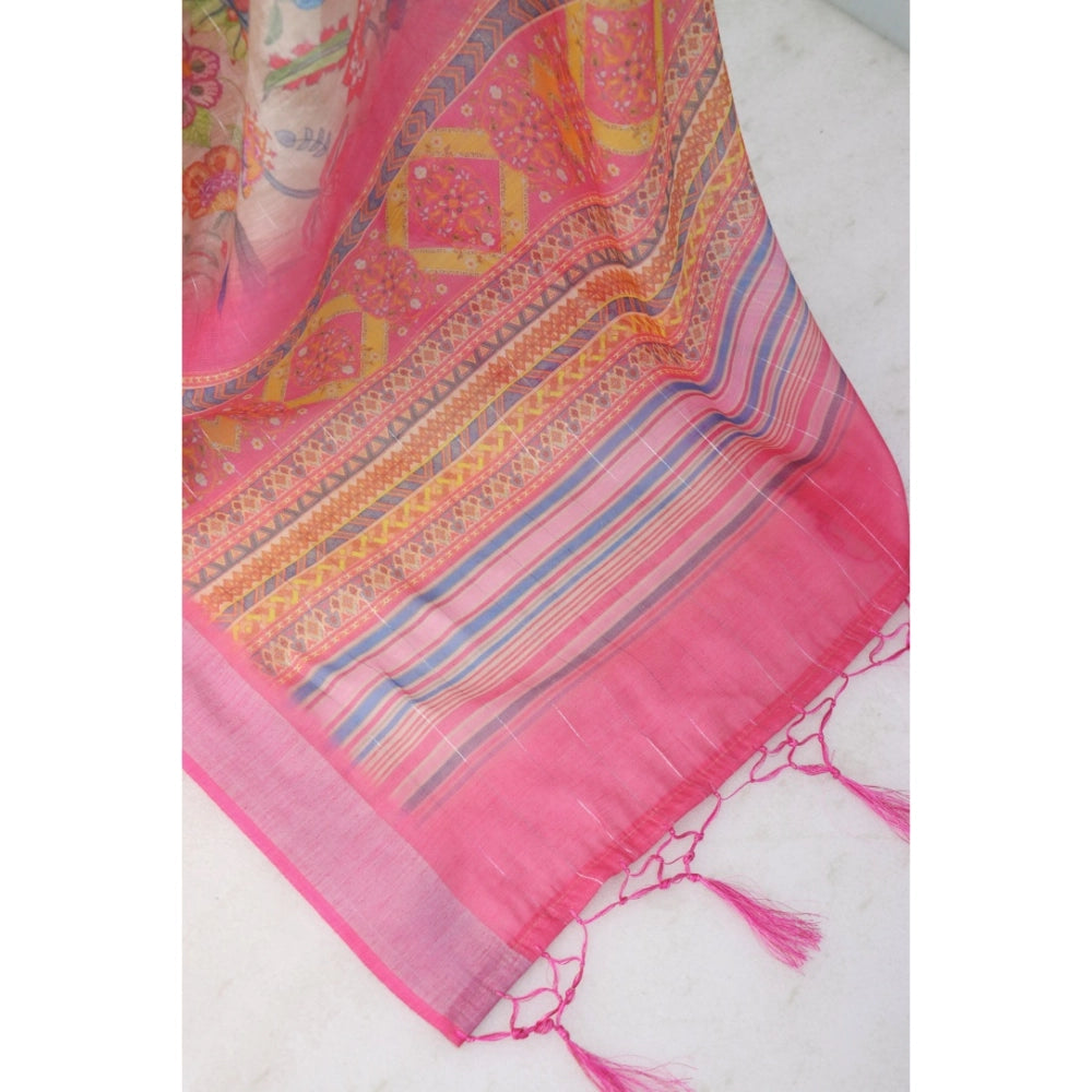 Generic Women's Linen Digital Print Saree With Unstitched Blouse 5.5Mtr (Pink)