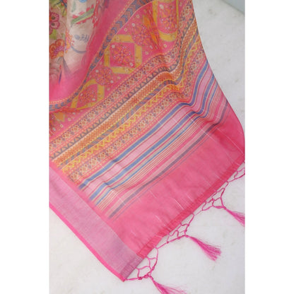 Generic Women's Linen Digital Print Saree With Unstitched Blouse 5.5Mtr (Pink)