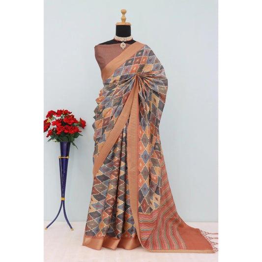 Generic Women's Mysore Silk  Digital Print Saree With Unstitched Blouse 5.5Mtr (Brown)