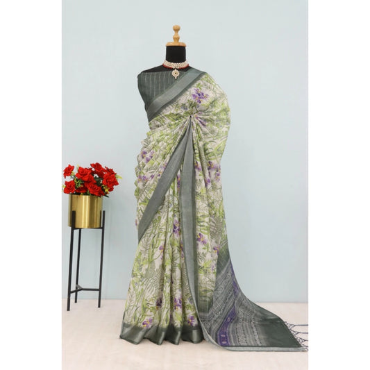 Generic Women's Linen Digital Print Saree With Unstitched Blouse 5.5Mtr (Green)