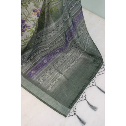 Generic Women's Linen Digital Print Saree With Unstitched Blouse 5.5Mtr (Green)