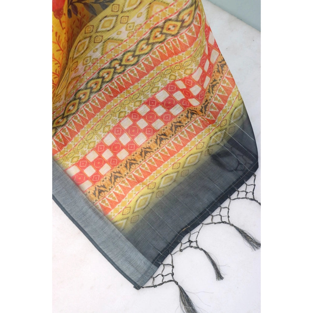 Generic Women's Linen Digital Print Saree With Unstitched Blouse 5.5Mtr (Multicolor)