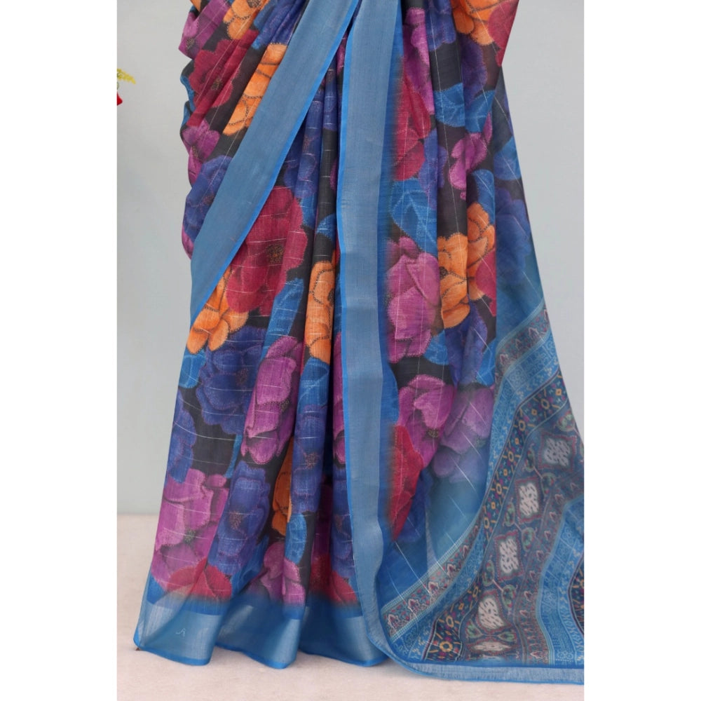 Generic Women's Linen Digital Print Saree With Unstitched Blouse 5.5Mtr (Blue)