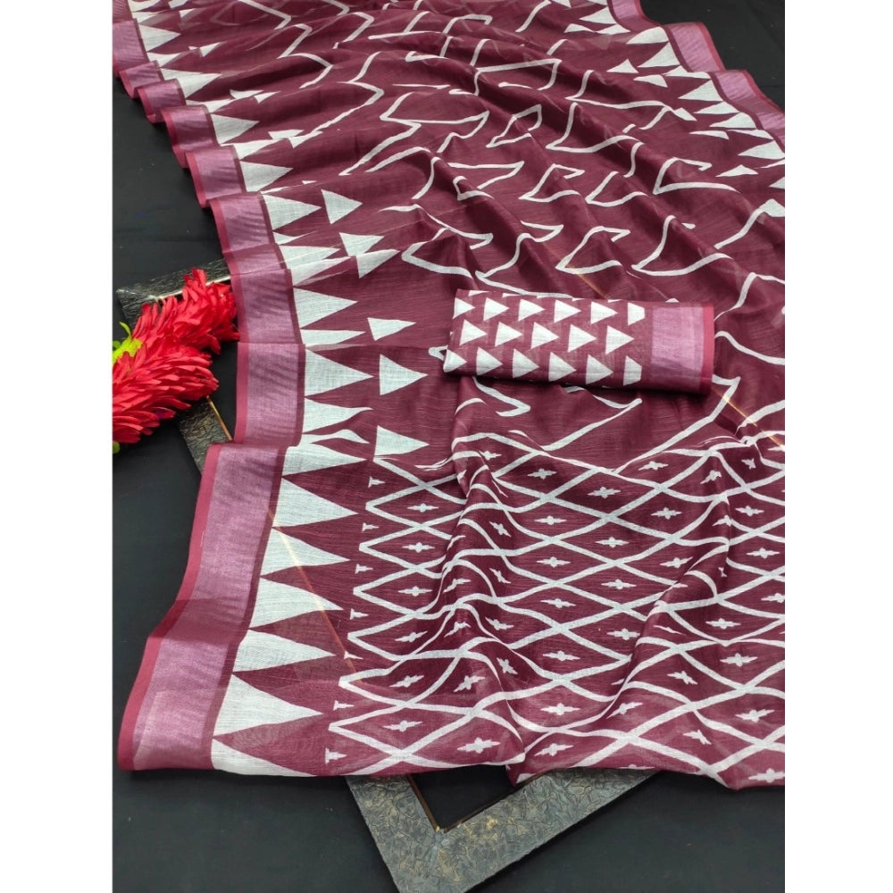 Generic Women's Cotton Linen Woven Design Saree With Unstitched Blouse 5.5Mtr (Maroon)