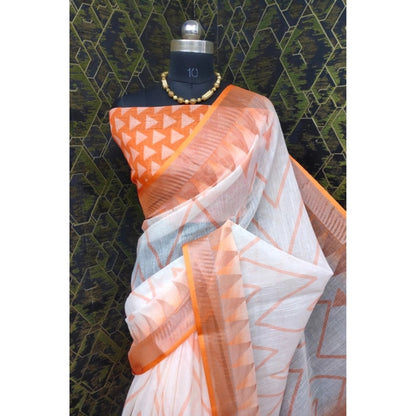 Generic Women's Cotton Linen Woven Design Saree With Unstitched Blouse 5.5Mtr (Orange)