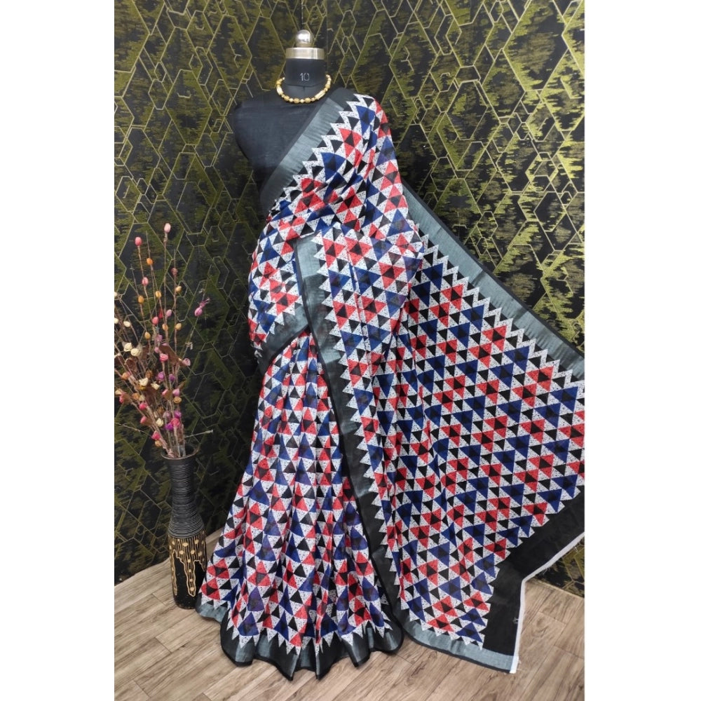 Generic Women's Cotton Linen Printed Saree With Unstitched Blouse 5.5Mtr (Black)