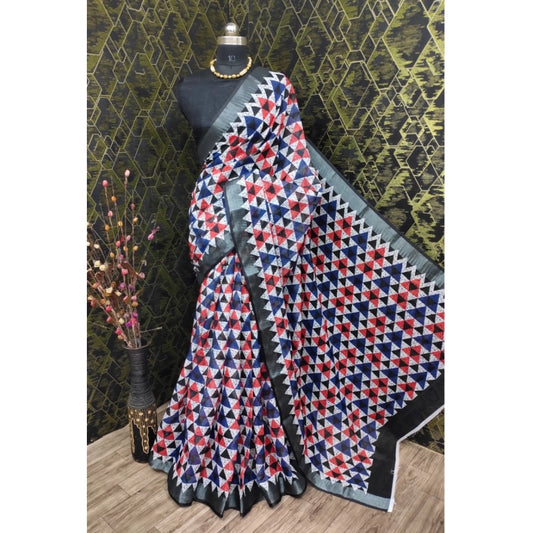 Generic Women's Cotton Linen Printed Saree With Unstitched Blouse 5.5Mtr (Black)