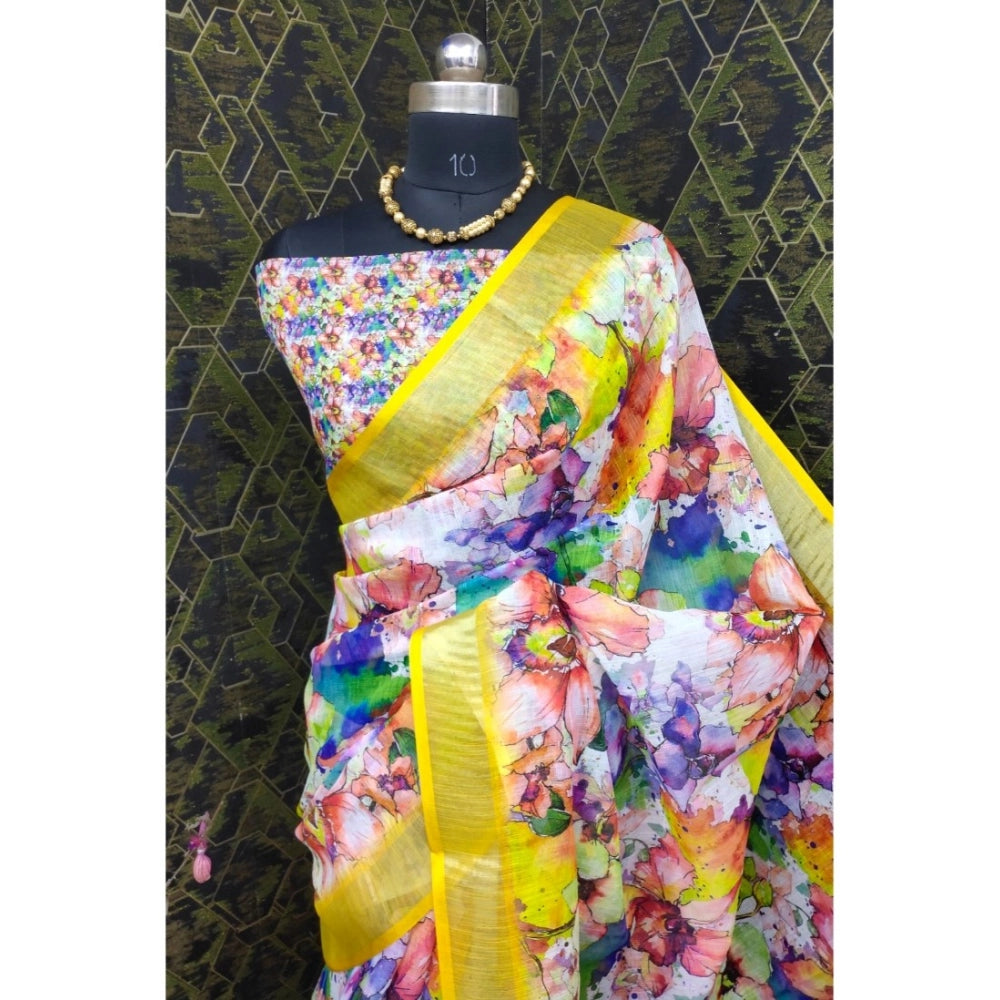 Generic Women's Cotton Linen Printed Saree With Unstitched Blouse 5.5Mtr (Yellow)
