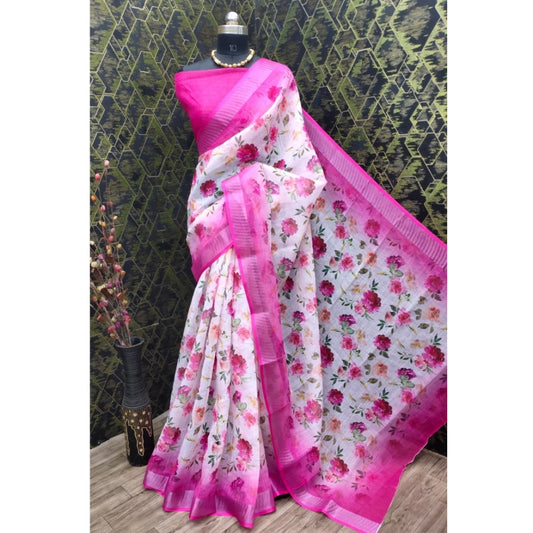 Generic Women's Cotton Linen Woven Design Saree With Unstitched Blouse 5.5Mtr (Pink)