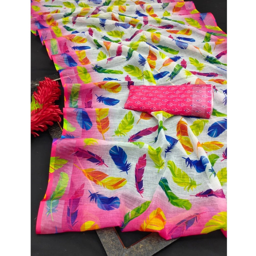 Generic Women's Cotton Linen Woven Design Saree With Unstitched Blouse 5.5Mtr (Pink)