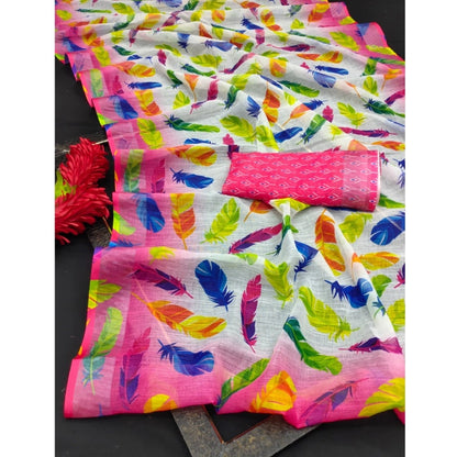 Generic Women's Cotton Linen Woven Design Saree With Unstitched Blouse 5.5Mtr (Pink)