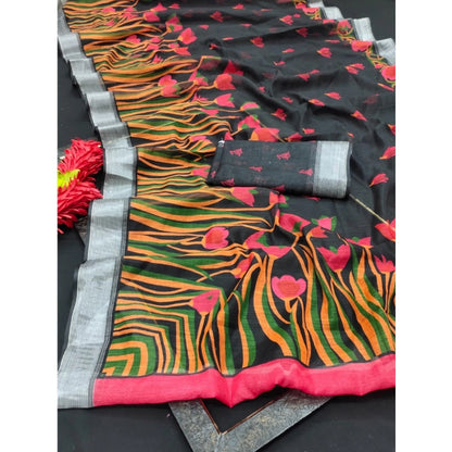 Generic Women's Cotton Linen Digital Print Saree With Unstitched Blouse 5.5Mtr (Black)