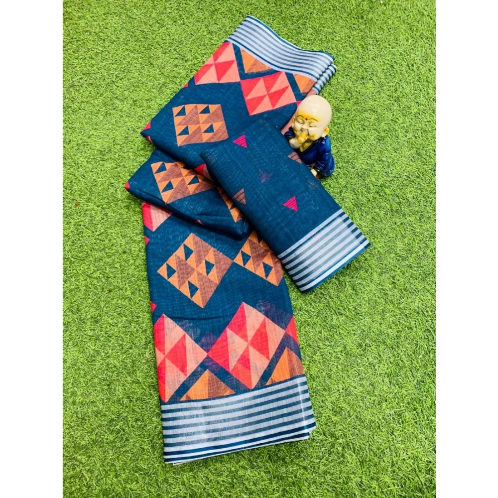 Generic Women's Cotton Linen Digital Print Saree With Unstitched Blouse 5.5Mtr (Blue)