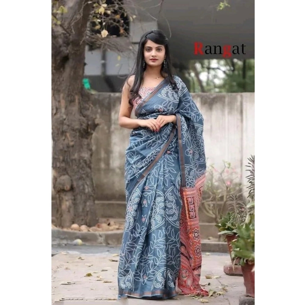 Generic Women's Cotton Linen Printed Saree With Unstitched Blouse 5.5Mtr (Grey)
