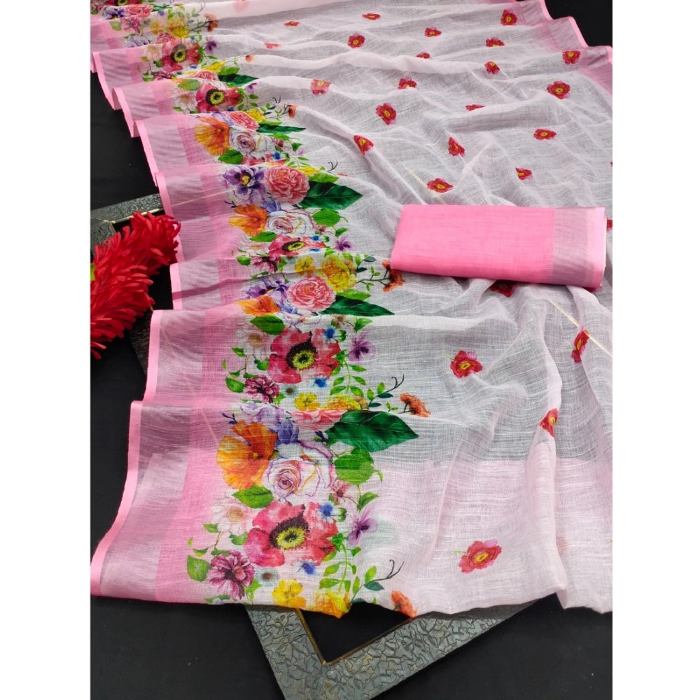Generic Women's Cotton Linen Woven Design Saree With Unstitched Blouse 5.5Mtr (Pink)