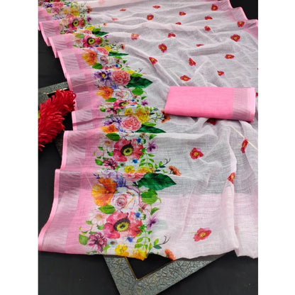 Generic Women's Cotton Linen Woven Design Saree With Unstitched Blouse 5.5Mtr (Pink)