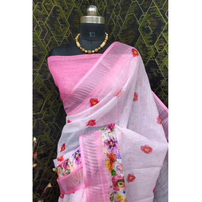 Generic Women's Cotton Linen Woven Design Saree With Unstitched Blouse 5.5Mtr (Pink)