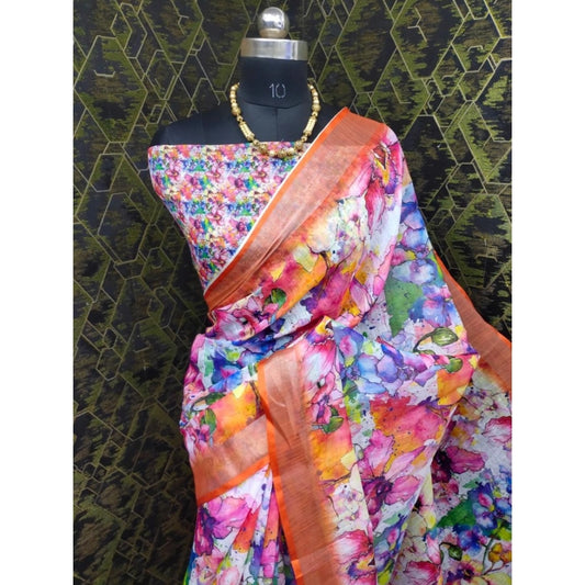 Generic Women's Cotton Linen Printed Saree With Unstitched Blouse 5.5Mtr (Orange)