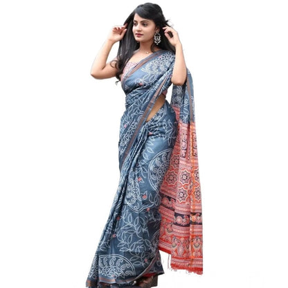 Generic Women's Cotton Linen Printed Saree With Unstitched Blouse 5.5Mtr (Grey)