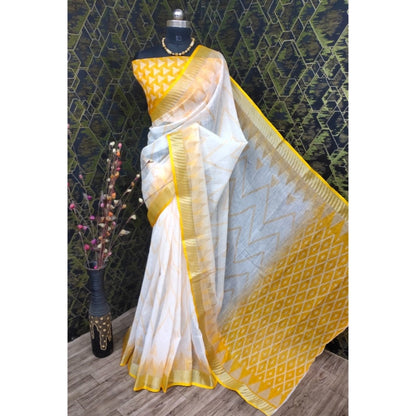 Generic Women's Cotton Linen Woven Design Saree With Unstitched Blouse 5.5Mtr (Yellow)