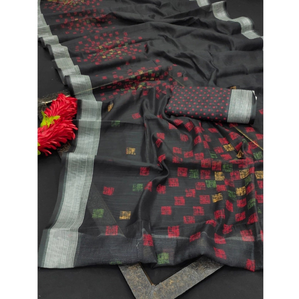 Generic Women's Cotton Linen Digital Print Saree With Unstitched Blouse 5.5Mtr (Black)