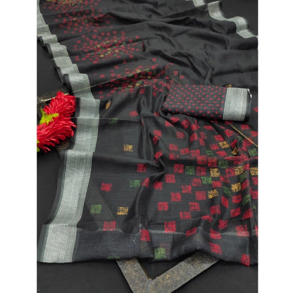 Generic Women's Cotton Linen Digital Print Saree With Unstitched Blouse 5.5Mtr (Black)