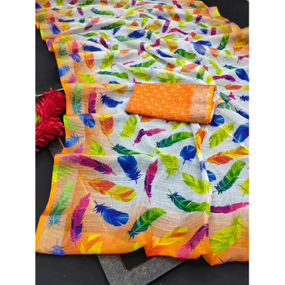 Generic Women's Cotton Linen Woven Design Saree With Unstitched Blouse 5.5Mtr (Orange)