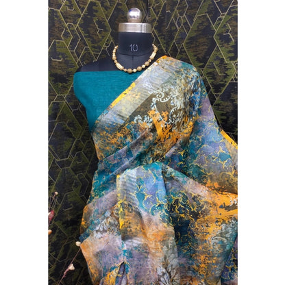 Generic Women's Cotton Linen Woven Design Saree With Unstitched Blouse 5.5Mtr (Multicolor)