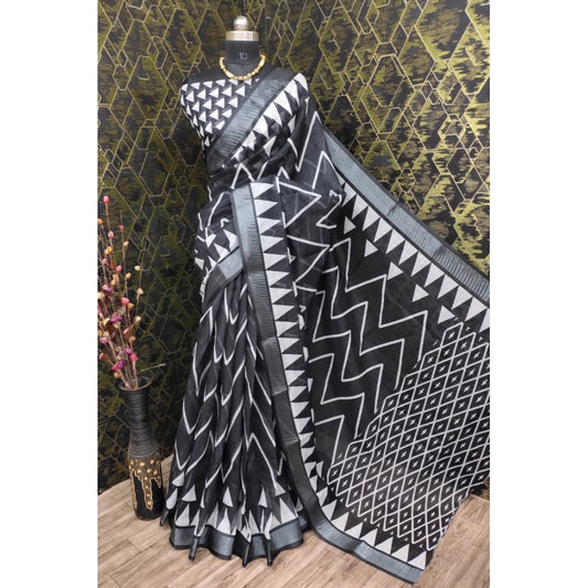 Generic Women's Cotton Linen Woven Design Saree With Unstitched Blouse 5.5Mtr (Black)