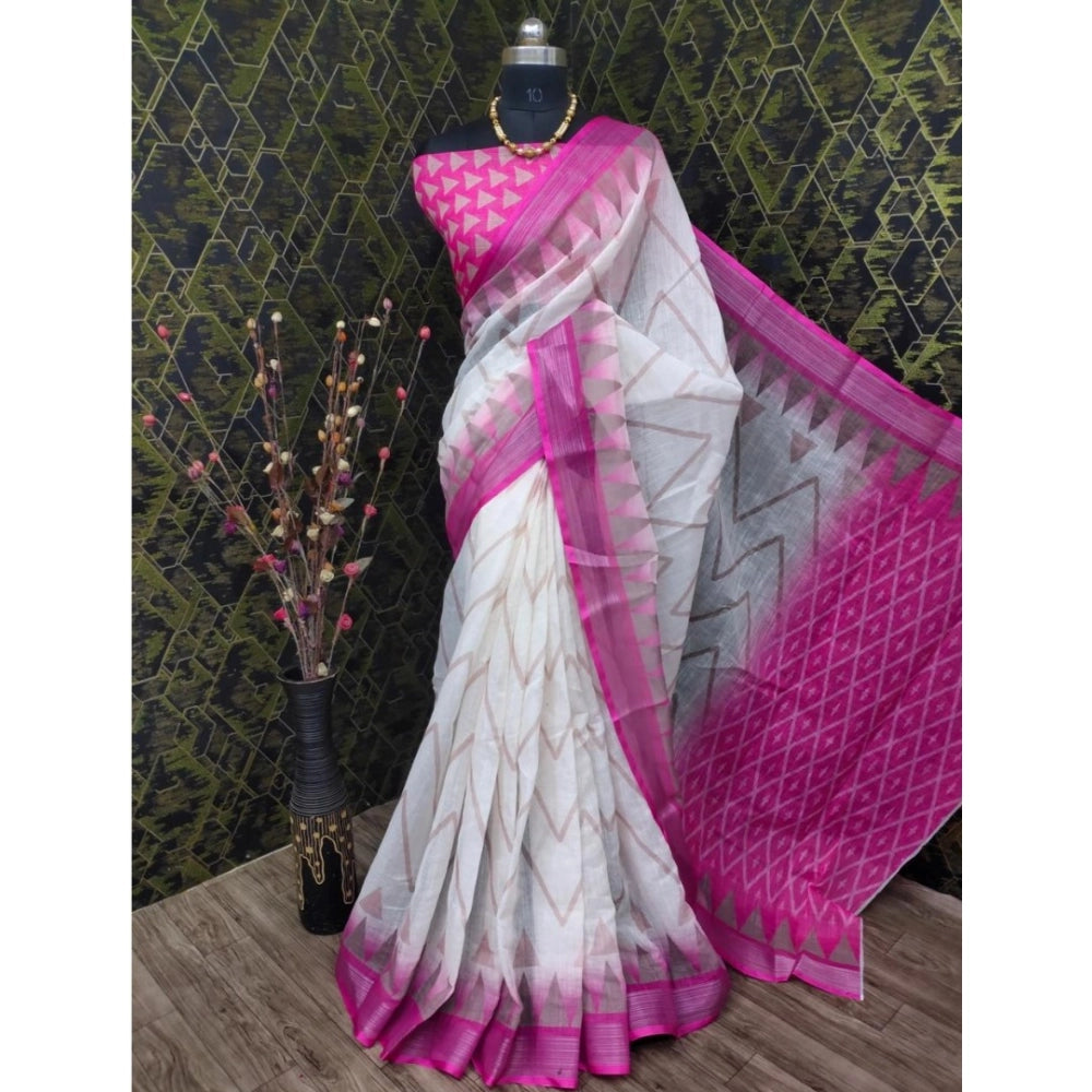 Generic Women's Cotton Linen Woven Design Saree With Unstitched Blouse 5.5Mtr (Pink)