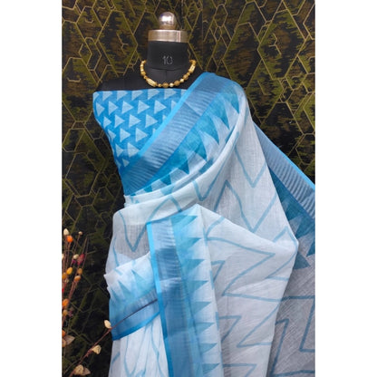 Generic Women's Cotton Linen Woven Design Saree With Unstitched Blouse 5.5Mtr (Sky Blue)