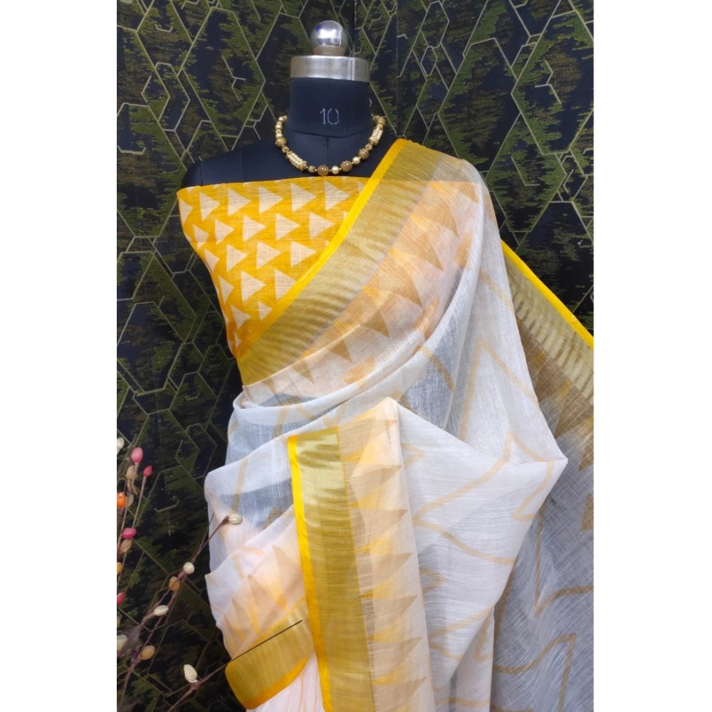 Generic Women's Cotton Linen Woven Design Saree With Unstitched Blouse 5.5Mtr (Yellow)