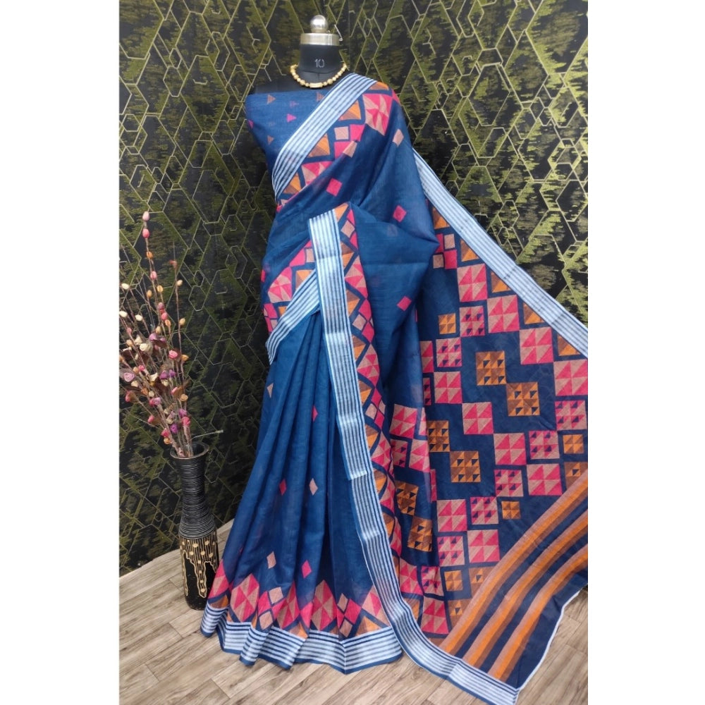 Generic Women's Cotton Linen Digital Print Saree With Unstitched Blouse 5.5Mtr (Blue)