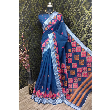 Generic Women's Cotton Linen Digital Print Saree With Unstitched Blouse 5.5Mtr (Blue)