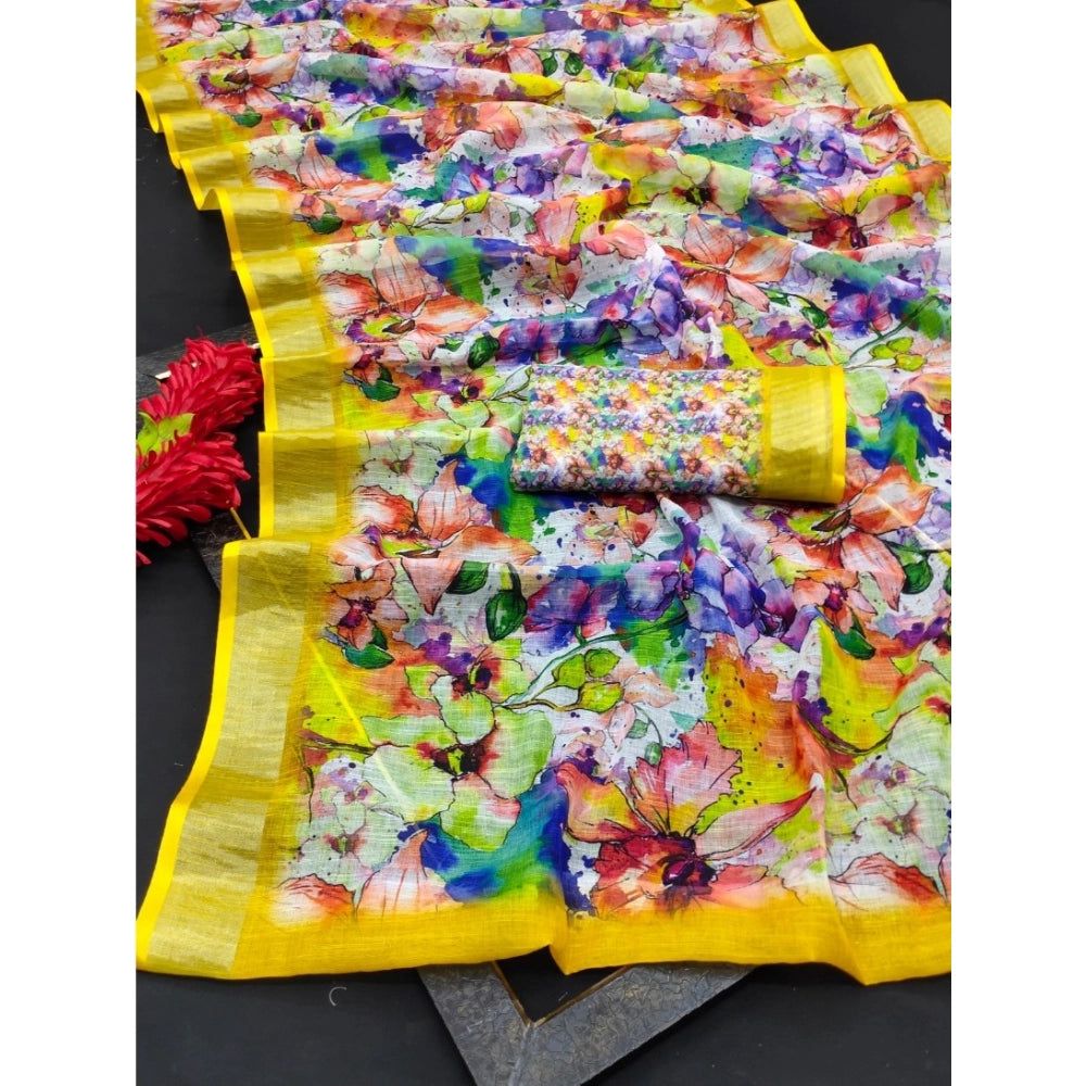 Generic Women's Cotton Linen Printed Saree With Unstitched Blouse 5.5Mtr (Yellow)