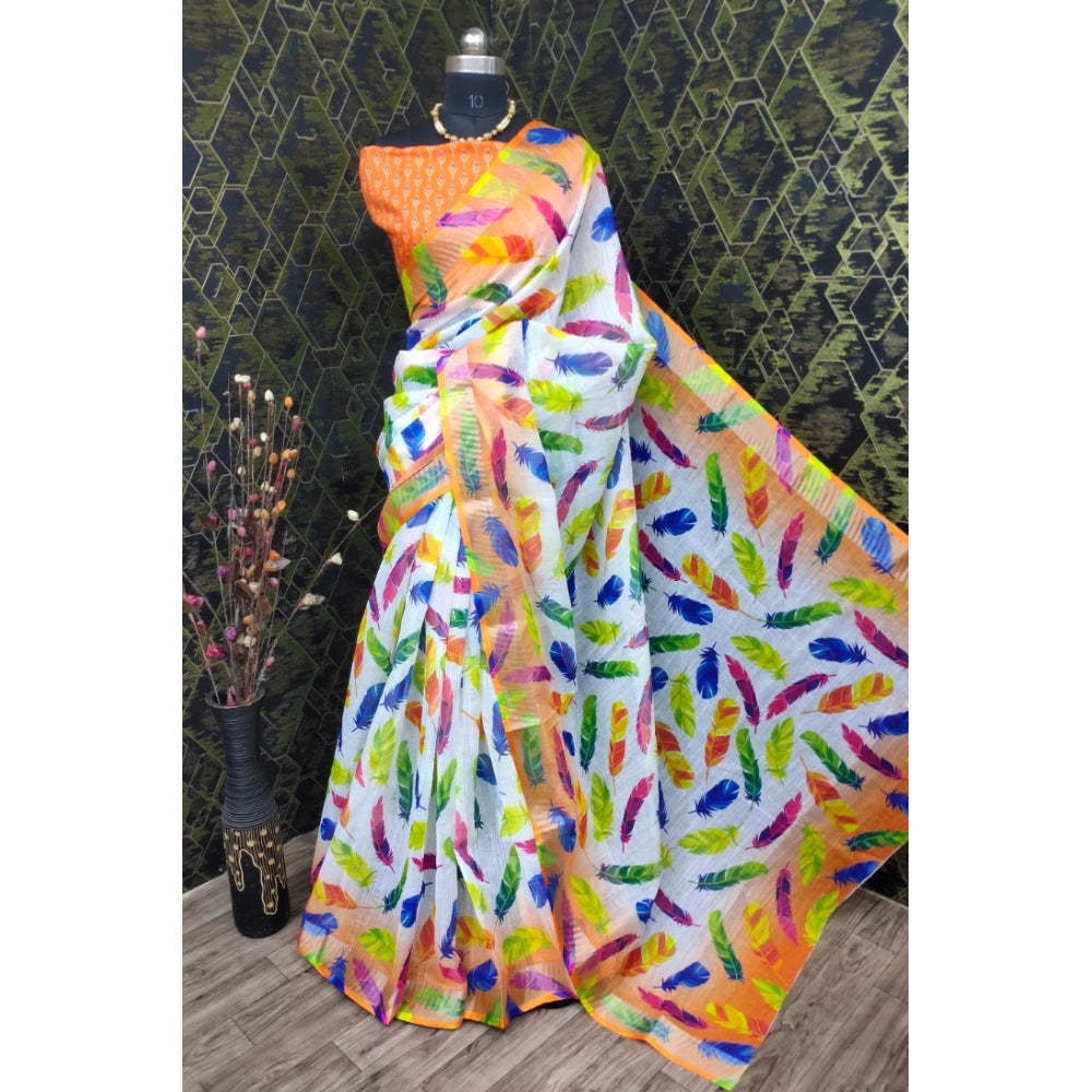 Generic Women's Cotton Linen Woven Design Saree With Unstitched Blouse 5.5Mtr (Orange)