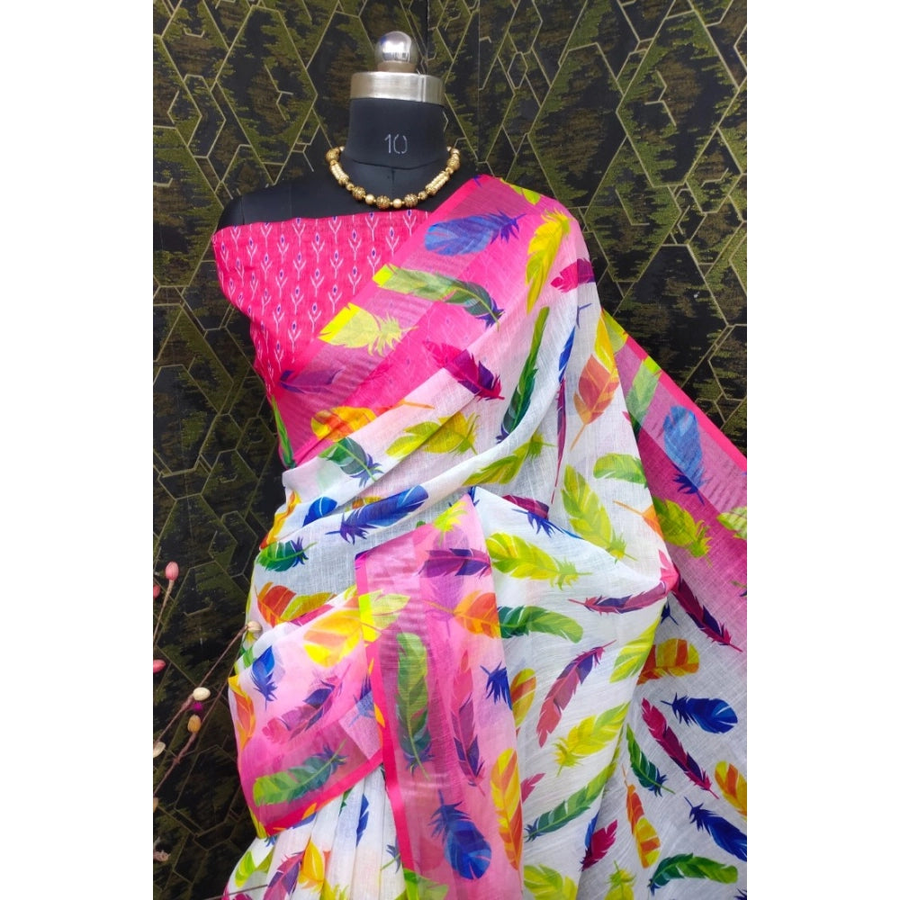 Generic Women's Cotton Linen Woven Design Saree With Unstitched Blouse 5.5Mtr (Pink)