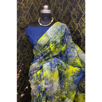 Generic Women's Cotton Linen Woven Design Saree With Unstitched Blouse 5.5Mtr (Blue)