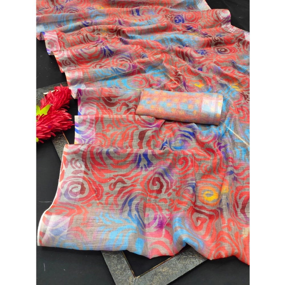 Generic Women's Cotton Linen Woven Design Saree With Unstitched Blouse 5.5Mtr (Red)