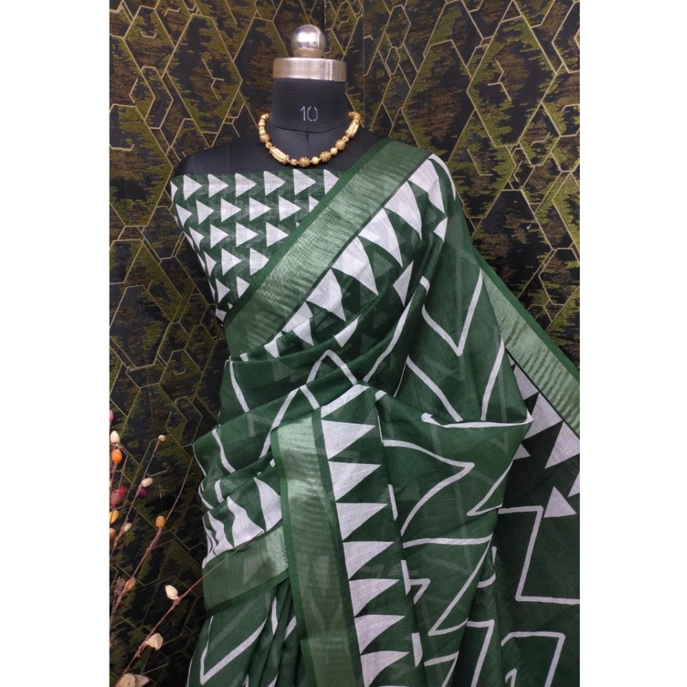 Generic Women's Cotton Linen Woven Design Saree With Unstitched Blouse 5.5Mtr (Green)