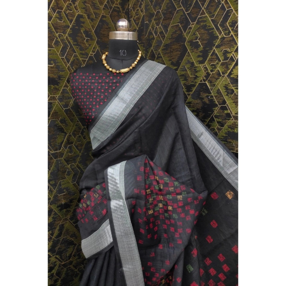 Generic Women's Cotton Linen Digital Print Saree With Unstitched Blouse 5.5Mtr (Black)