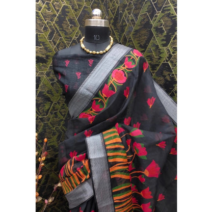 Generic Women's Cotton Linen Digital Print Saree With Unstitched Blouse 5.5Mtr (Black)