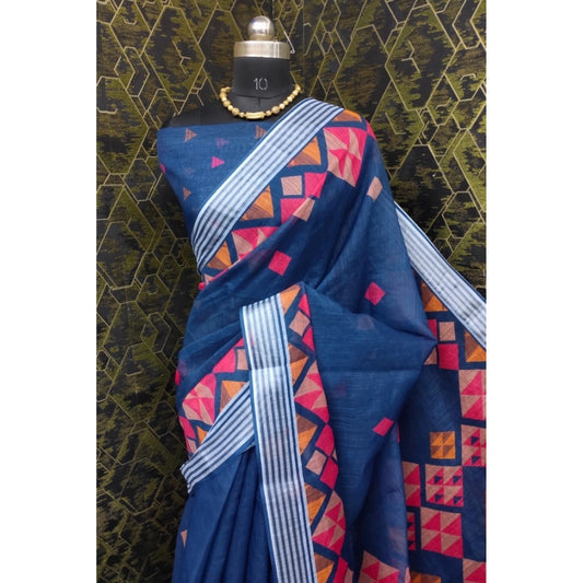 Generic Women's Cotton Linen Digital Print Saree With Unstitched Blouse 5.5Mtr (Blue)